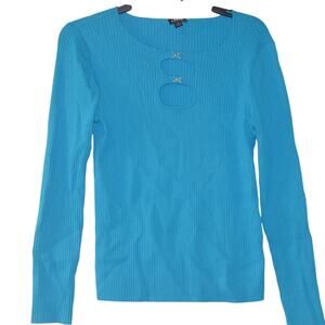 INC International Concepts Women's Ribbed Double Cutout Sweater in Bright Blue